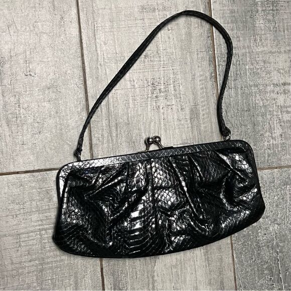 Vintage 90s Y2k Bebe Black Snakeskin Leather Small Evening Handbag Clutch Party - Picture 1 of 13